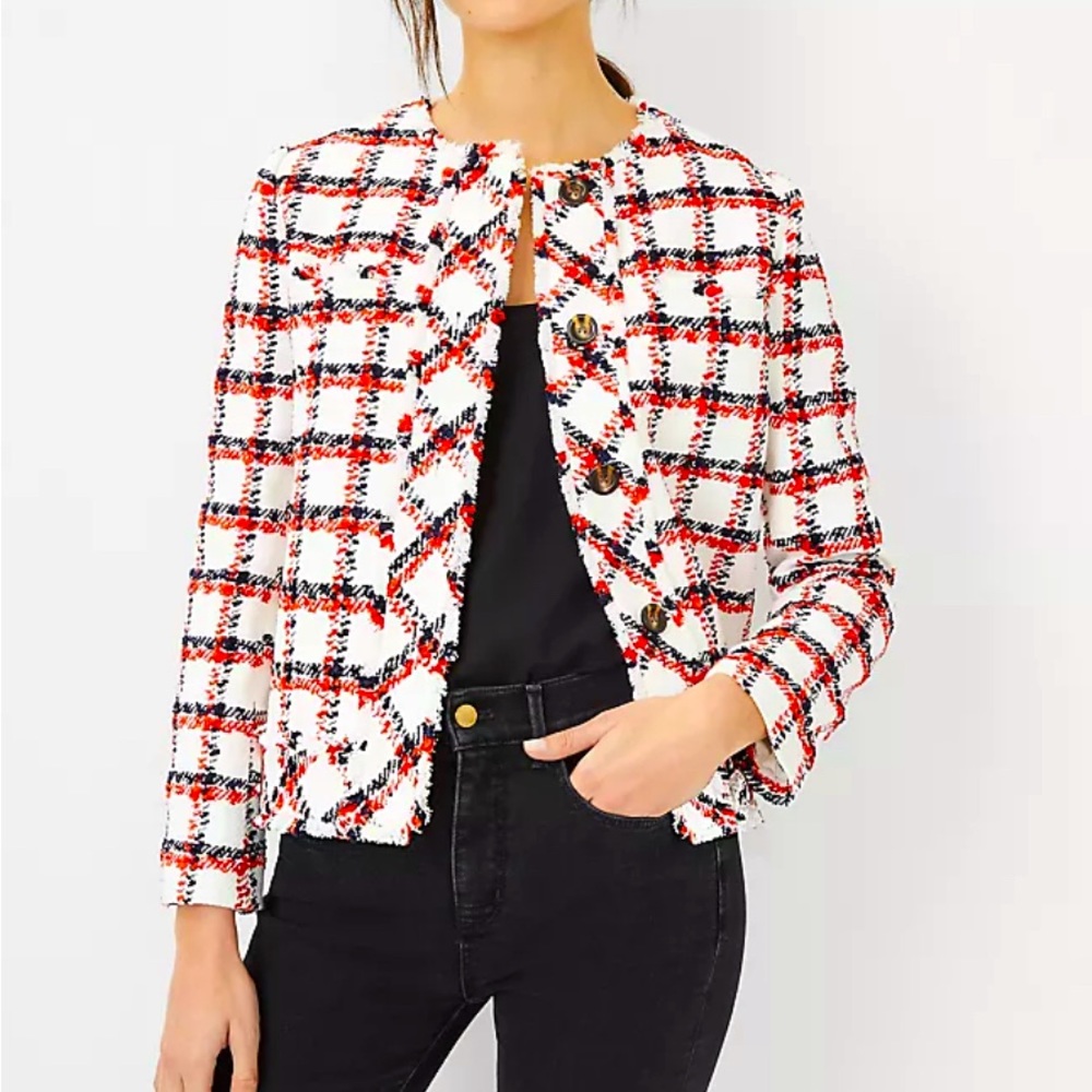 Ann Taylor Women’s Sz 10 PLAID FRINGE TWEED JACKET BLAZER COAT WHITE RED NAVY